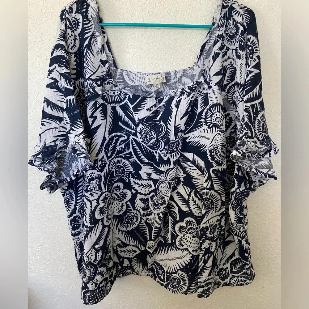 Wonderly Plus Size Short Sleeve Cotton Gauze Square Neck Top Floral Tropical 3X